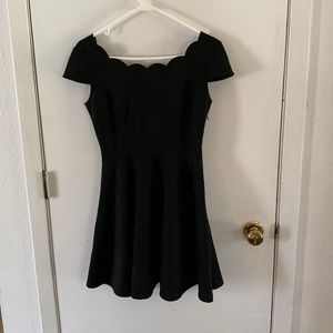 Lulu's black sueded mini dress with scalloped neckline and cap sleeves